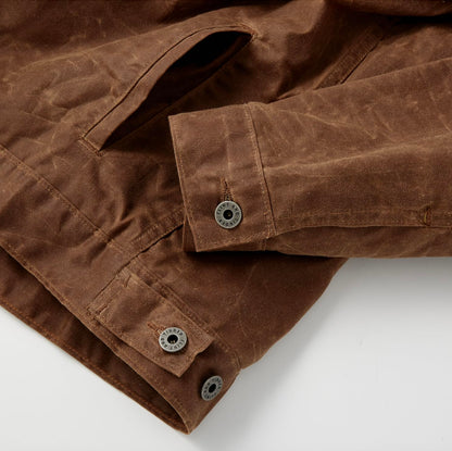 Huckberry Flint and Tinder Men's Flannel-Lined Waxed Trucker Jacket, Water & Weather Resistant Mens Jacket, Havana
