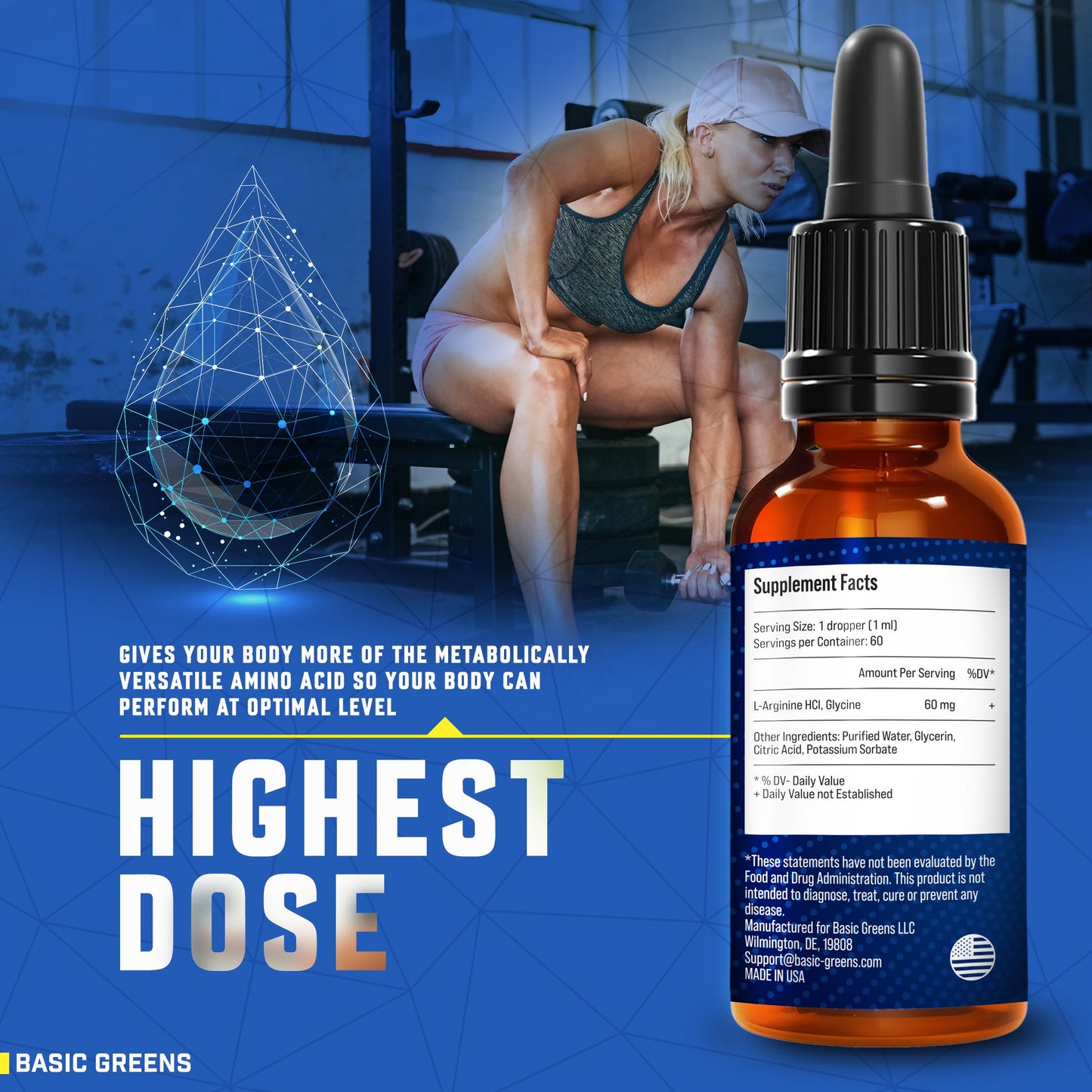 BASIC GREENS L-Arginine Liquid Nitric Oxide Supplement for Men and Women – Non-GMO Vegan for Circulation, Endurance, Energy, Stamina, Performance and Workout – 2 fl oz