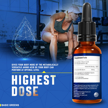 BASIC GREENS L-Arginine Liquid Nitric Oxide Supplement for Men and Women – Non-GMO Vegan for Circulation, Endurance, Energy, Stamina, Performance and Workout – 2 fl oz