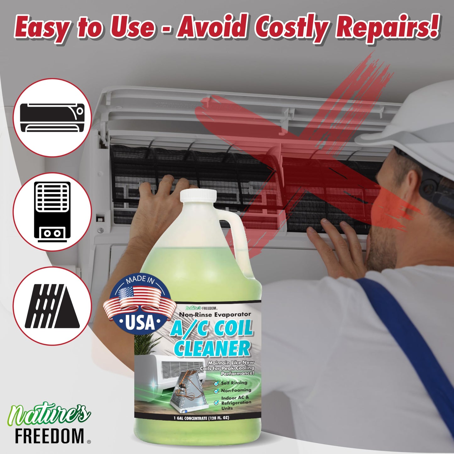 Nature's Freedom AC Coil Cleaner – 1 Gallon No Rinse Coil Cleaner for Air Conditioners, Mini Splits, Heat Pumps & Window Units – Non-Foaming, Metal-Safe Formula