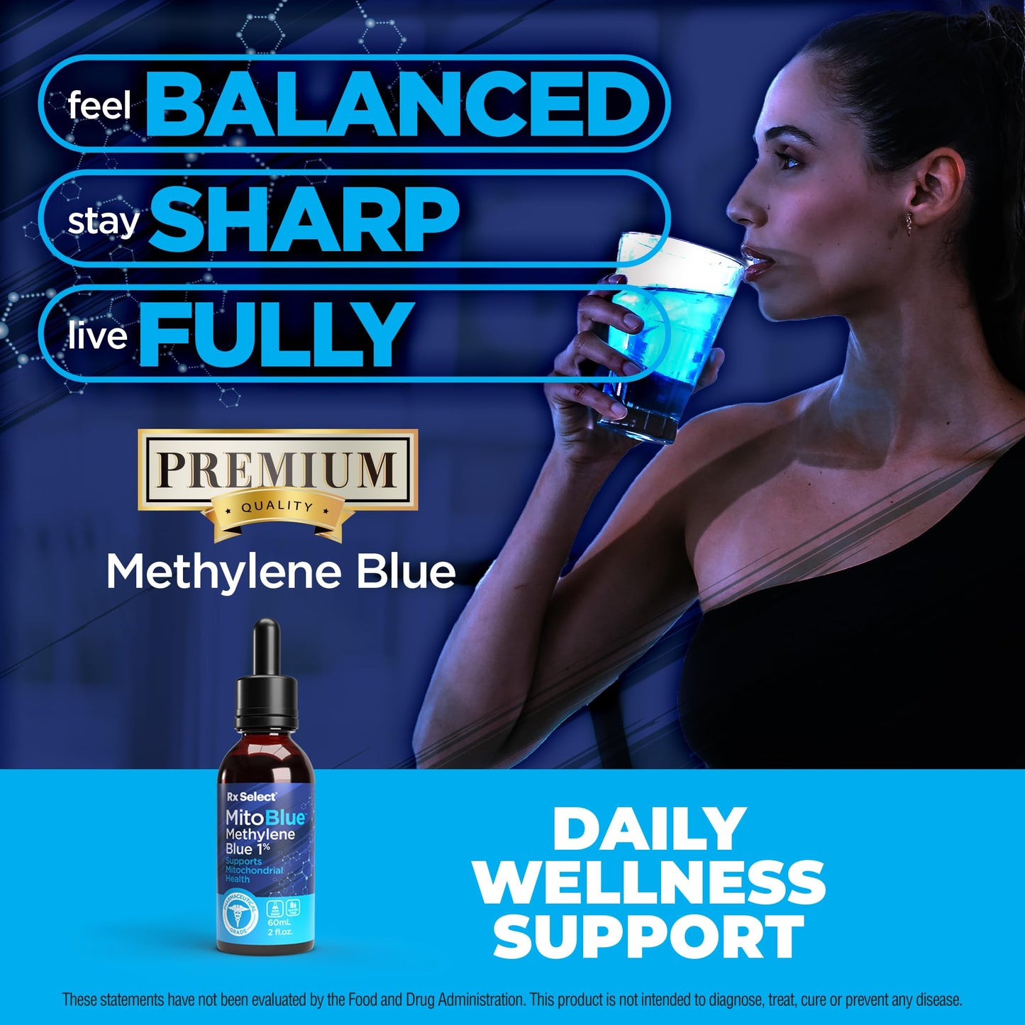 RX Select MitoBlue, Methylene Blue 1%, Solution with Balanced Electrolyte, Health Supplement for Humans – High Cognitive Support, Antioxidant Support, Pharmaceutical Grade, Made in The USA, 2fl oz