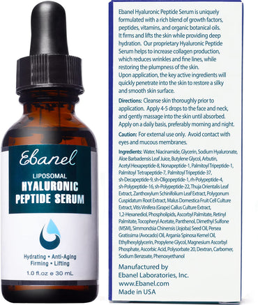 Ebanel Hyaluronic Acid Serum for Face with Peptides, Hydrating Age-Defying Serum with Vitamin C, E, B5, Niacinamide, Aloe, Jojoba Oil & MSM, Helps Visibly Plump, Firm & Smooth Skin, Supports Even Tone