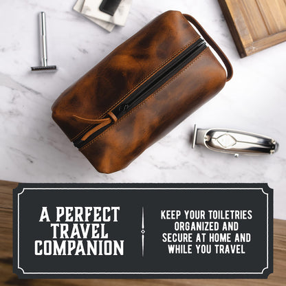 Main Street Forge Dopp Kit | Premium Full Grain Leather Toiletry Bag for Men | Made in USA | Travel Pack for Shaving Essentials & Accessories | Compact, Lightweight Mens Bathroom & Shower Case