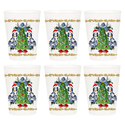 Marye-Kelley Staffordshire Dogs with Santa Hats and Christmas Tree Shatterproof 20 Oz Frosted Cups - Set of 6 Cups - BPA Free - Made in the USA Dishwasher Safe