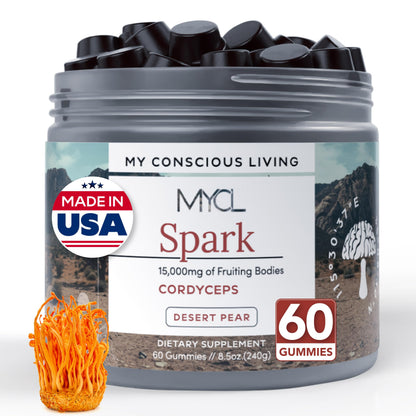 Spark Cordyceps Mushroom Gummies | 500mg Cordyceps Fruiting Bodies | Clean Energy and Endurance Support | Vegan, Gluten-Free | Desert Pear Flavor | 60 Gummies
