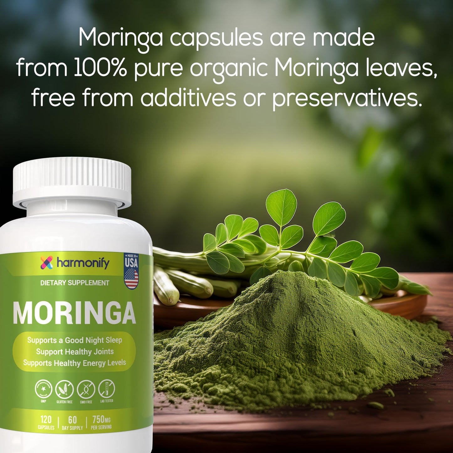 HARMONIFY Moringa Capsules - Pure Moringa Powder Supports, Joint Comfort & Healthy Energy Levels 120 Capsules - Made in USA, Gluten Free Supplement, GMO Free
