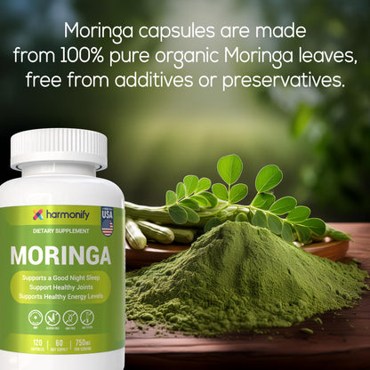 HARMONIFY Moringa Capsules - Pure Moringa Powder Supports, Joint Comfort & Healthy Energy Levels 120 Capsules - Made in USA, Gluten Free Supplement, GMO Free
