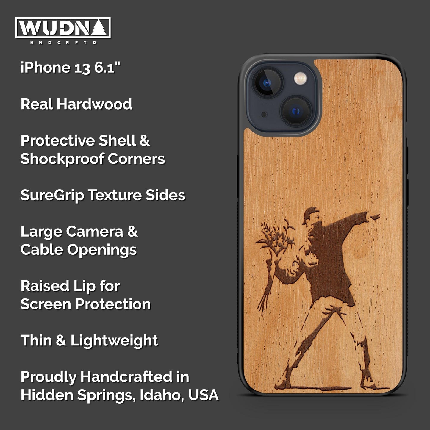 WUDN Slim Wooden Phone Case (Banksy Molotov Flowers) Compatible with iPhone 13 with MagSafe