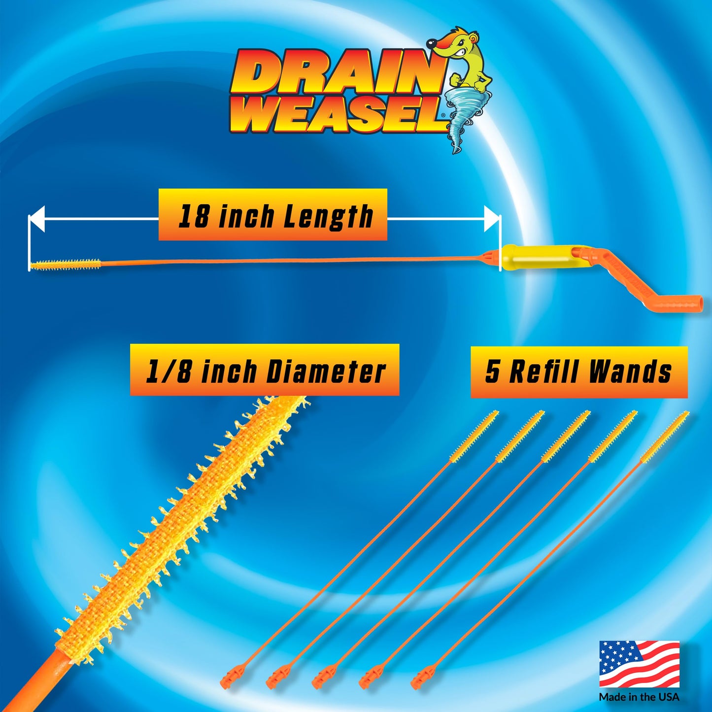 FlexiSnake Drain Weasel Sink Snake Hair Clog Remover Tool, Pipe, Bathroom, Bathtub Cleaner, 18-inch, Made in the USA