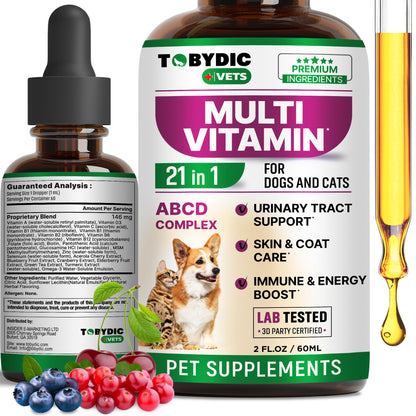 TOBYDIC Cat & Dog Multivitamin 21 in 1 Pet Supplements with Cranberry & Glucosamine - Natural Medicine & Support for UTI, Urinary Tract, Bladder, Kidney, Skin Coat, Joints Treatment Made in USA
