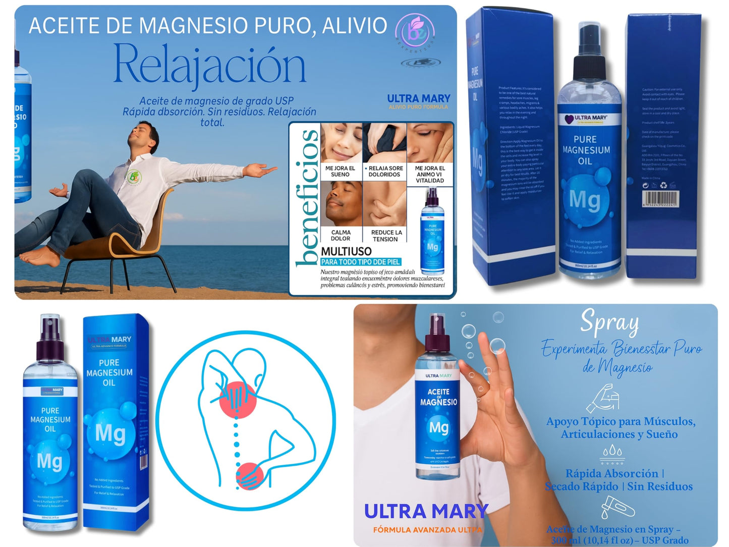 Pure Magnesium Oil Spray–Large 300 ml USP Grade,Rapid Absorption,Quick-Dry,No Residue–No Additives or Trace Minerals–Non-Itch Topical Mist,Muscle Relaxation,Joint Support & Better Sleep (magnesio)
