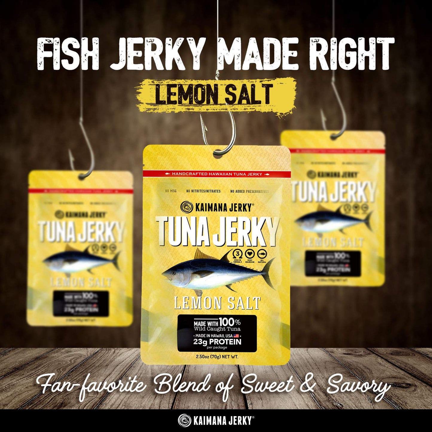 Kaimana Wild-Caught Ahi Tuna Jerky - Lemon Salt | Rich in Omega-3s & High in Protein | All-Natural & Organic Fish Jerky (3 pack, 2 oz)