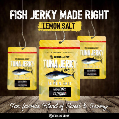 Kaimana Wild-Caught Ahi Tuna Jerky - Lemon Salt | Rich in Omega-3s & High in Protein | All-Natural & Organic Fish Jerky (3 pack, 2 oz)