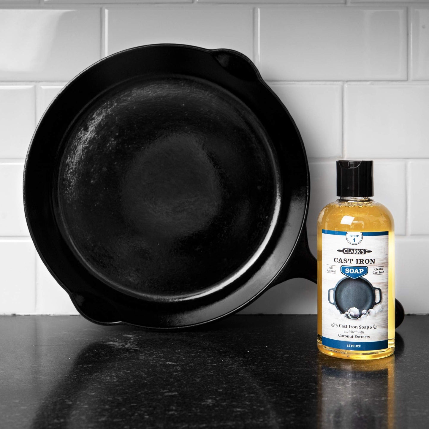 CLARK'S Cast Iron Cleaner 12 oz, Made in USA, Plant Based Coconut Cast Iron Soap for Skillets, Griddles Etc. - Protects, and Restores Cookware