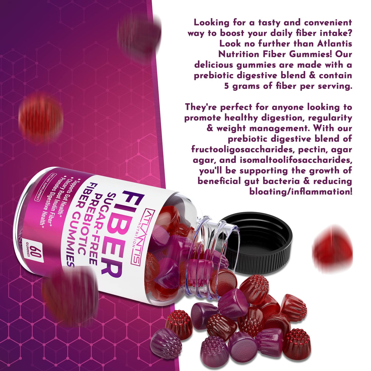 Atlantis Nutrition Sugar Free Fiber Gummies for Adults - 5G Fiber Supplement Formulated with 5.4G Prebiotic Digestive Blend - Supports Gut Health & Promotes Healthy Digestion - 2-Pack 120 Gummies