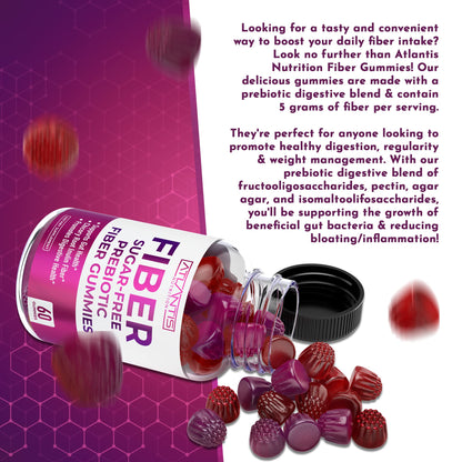 Atlantis Nutrition Sugar Free Fiber Gummies for Adults - 5G Fiber Supplement Formulated with 5.4G Prebiotic Digestive Blend - Supports Gut Health & Promotes Healthy Digestion - 2-Pack 120 Gummies