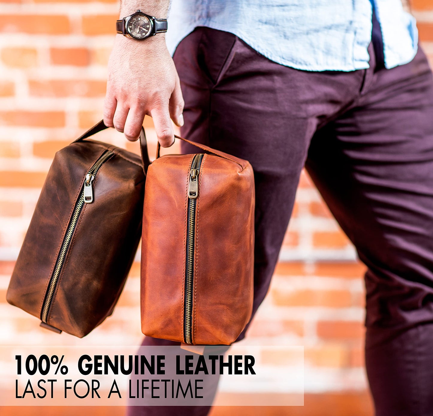 Mens Waterproof Dopp Kit – Crafted in USA – Ideal Gift for Husband, Dad, Groomsmen, Boyfriend & Father Day – Genuine Leather Toiletry Bag Customized Name or Initials – Personalized Travel Bag for Men