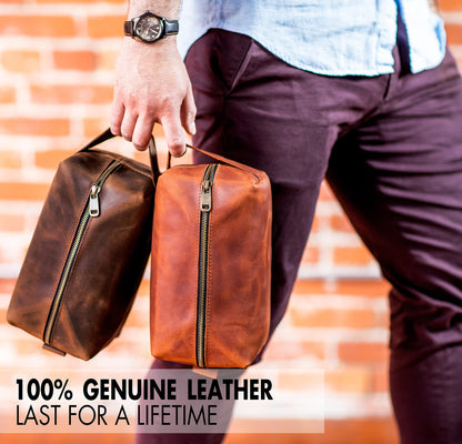 Mens Waterproof Dopp Kit – Crafted in USA – Ideal Gift for Husband, Dad, Groomsmen, Boyfriend & Father Day – Genuine Leather Toiletry Bag Customized Name or Initials – Personalized Travel Bag for Men