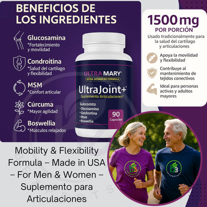 Joint Support UltraMary+(90 Capsules)+Pure Magnesium Oil Spray(300 ml) Combo–Glucosamine 1500mg, Chondroitin, MSM,Turmeric & Boswellia–Mobility, Flexibility & Muscle Relief|Articulaciones & Músculos
