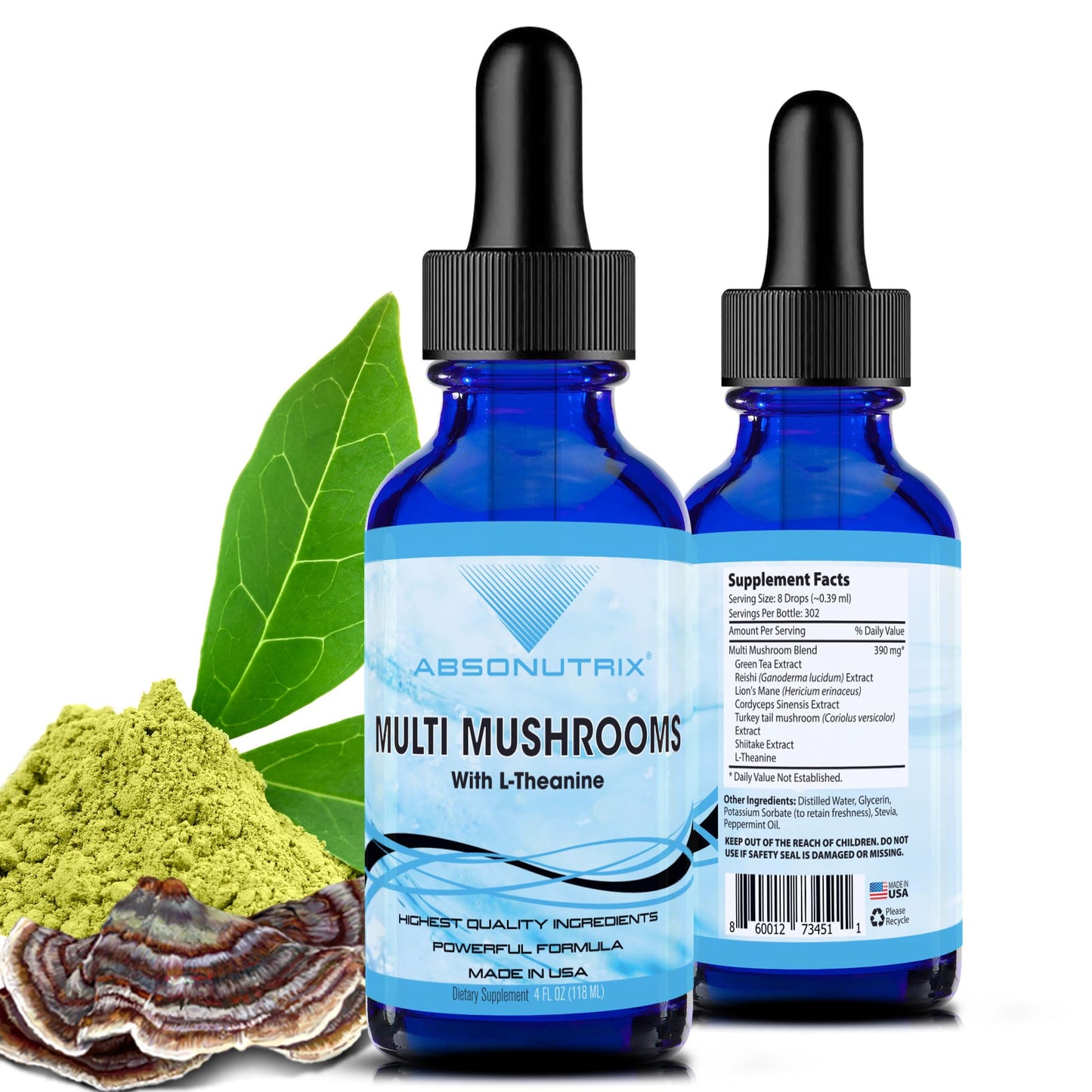 Absonutrix Multi Mushrooms l theanine Supplement, 390 mg, 4 Oz Liquid, 302 Servings, Made in USA, Quick Absorption, Quality Potent Ingredients, Non-GMO, GMP Certified Facility, Cruelty-Free Products