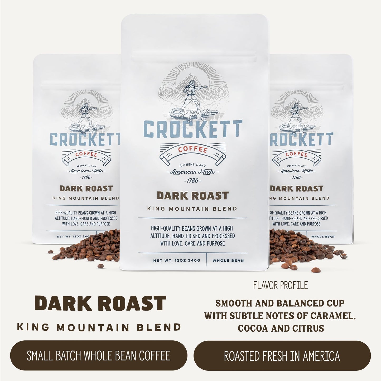 Crockett Whole Bean Coffee – Bold Dark Roast Whole Coffee Beans with Strong Flavor, Full-Bodied Aroma & Smooth Finish – Perfect for Healthy All-Day Energy, Focused Drive & American-Made Grit
