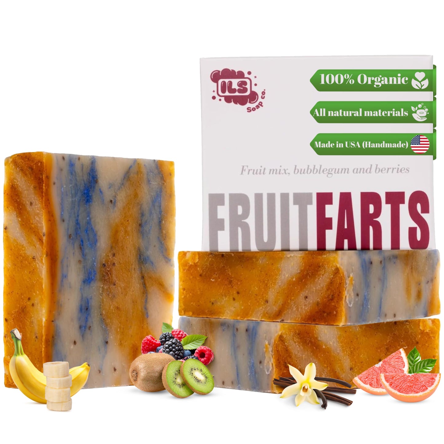 ILS Soap co. Fruit Farts (banana, grapefruit, kiwi, bubblegum, berries and vanilla)- All Natural Bar Soap for men and women - Plant Based and Handmade in USA for All Skin Types (3 Pack)