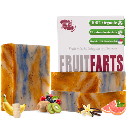 ILS Soap co. Fruit Farts (banana, grapefruit, kiwi, bubblegum, berries and vanilla)- All Natural Bar Soap for men and women - Plant Based and Handmade in USA for All Skin Types (3 Pack)