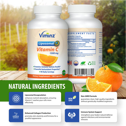 Viminz Liposomal Vitamin C | 1500 mg Per Serving | Collagen & Immune System Booster | Made in USA | 180 Capsules