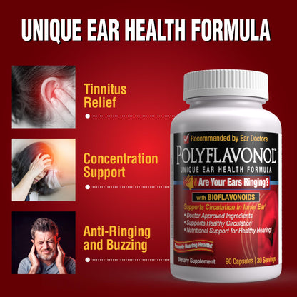 Polyflavonol with Bioflavonoids, Tinnitus Relief, Unique Ear Health Formula, Ringing Ears Support, Supports Circulation in Inner Ear, Promotes Hearing Health, 90 Capsule, 30 Servings