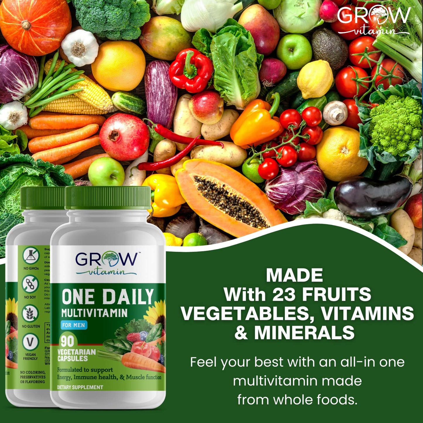 One Daily Multivitamin for Men - with Vitamins & Minerals + Organic Whole Foods, Supplement to Boost Energy, General Health - Non-GMO - 90 Capsules | 3 Month Supply