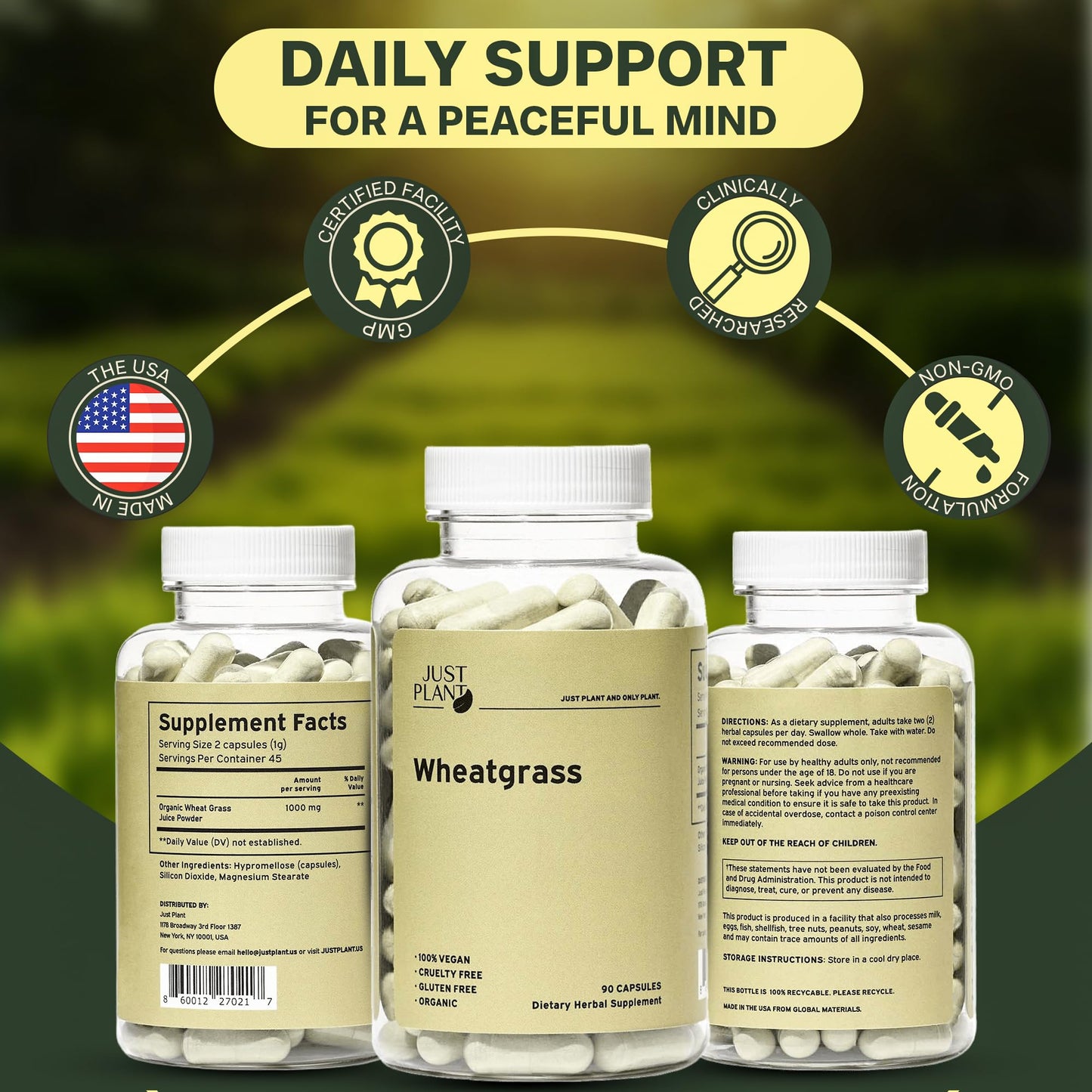 Organic Wheatgrass Capsules 500 mg, 90 Capsules | Vegan, Gluten-Free | Green Superfood Supplement for Detox, Energy, Digestion & Immune Support