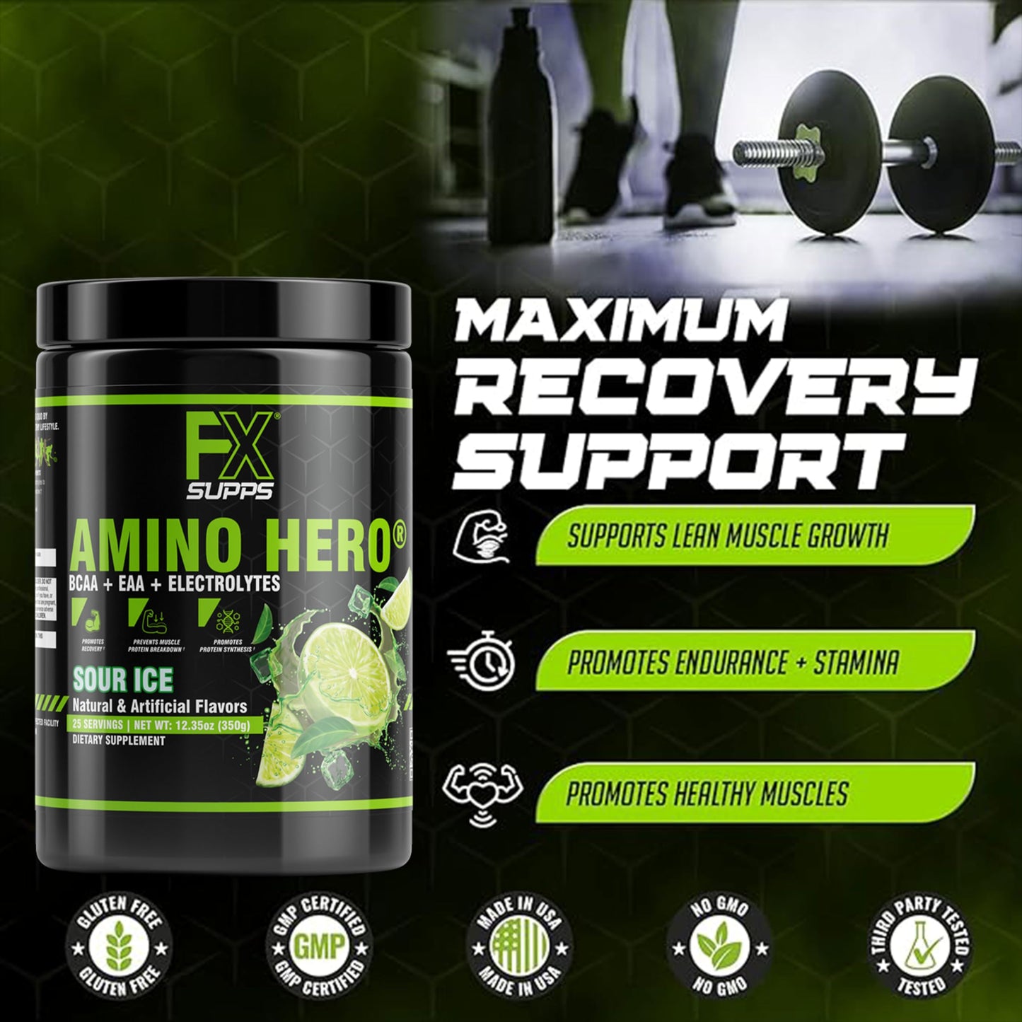 FXSUPPS Amino Hero Sour Ice Flavor (25 Servings) | Post-Workout Recovery Drink for Men and Women | Energy Powder Mix with BCAA, EAA, and Electrolytes | Promotes Endurance and Healthy Muscles - 1 Pack