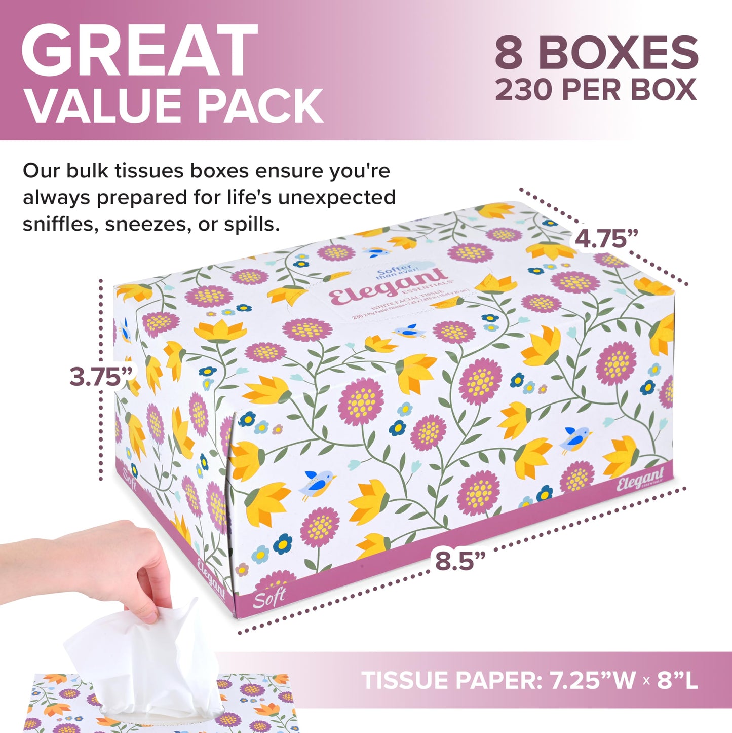 Premium Bulk Tissues, 8 Boxes of 230 Count, 2-Ply Soft Facial Tissues for Offices or School, Made in the USA, 1840 Total Count Bulk Face & Nose Tissue Paper for Home or Professional Use
