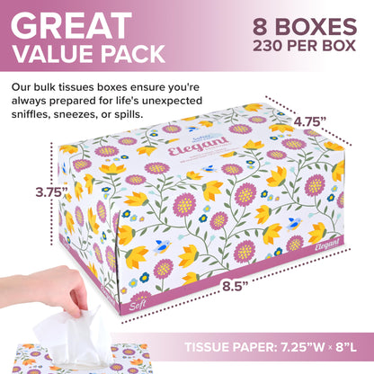 Premium Bulk Tissues, 8 Boxes of 230 Count, 2-Ply Soft Facial Tissues for Offices or School, Made in the USA, 1840 Total Count Bulk Face & Nose Tissue Paper for Home or Professional Use
