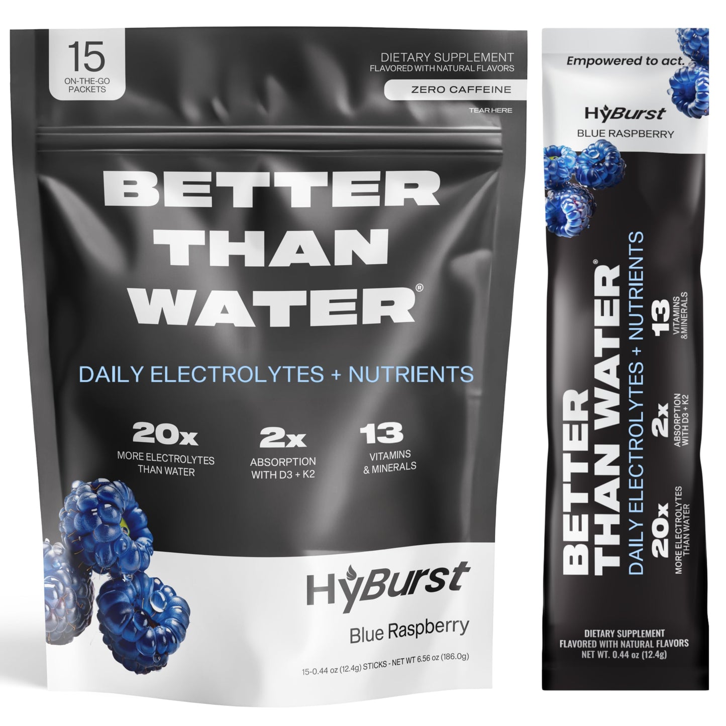 Hyburst Electrolyte & Vitamin Supplement Powder, Drink Mix with B12, L-Theanine, D3, K2, Zinc, Magnesium, Potassium, Supports Calm Focus & Energy, Blue Raspberry, 15 Pack