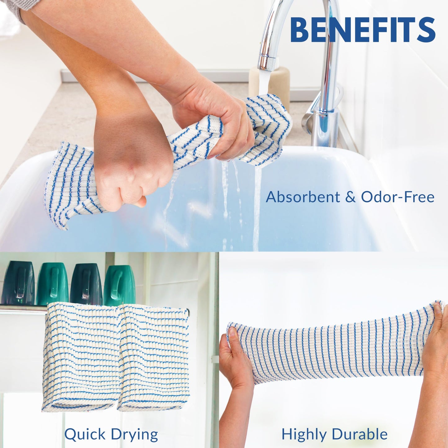 Eselect World's Best Kitchen Dish Cloths - Set of Blue Dishcloths for Washing Dishes - Absorbent Poly Cotton Waffle Weave Dish Rags, Made in USA