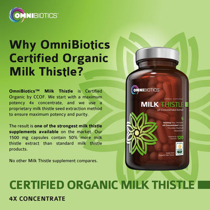 OmniBiotics Organic Milk Thistle Supplement 1500mg – 4X Concentrated Extract with Silymarin – High Potency Liver Detox & Support – 120 Vegan Capsules
