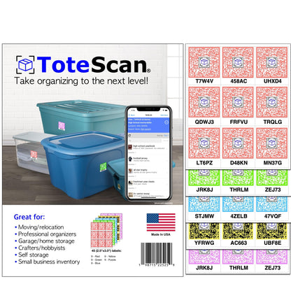 ToteScan Intelligent QR Labels for Organization/Moving/Storage (45 Unique Labels, 2.5"x3") Multi-Color (red/Green/Blue/Yellow/Purple) (Multi-Color)