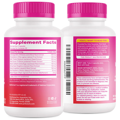 Pink Stork Menopause Supplements for Women - Hot Flash, Cortisol, Stress Support - Perimenopause - 9 Clinically-Studied Herbs - Ashwagandha, Vitex, Maca Root, Black Cohosh - 60 Capsules