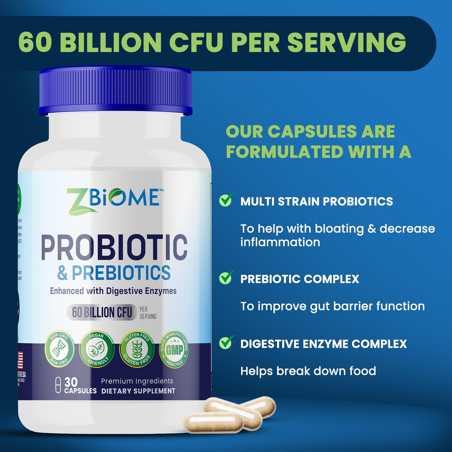 Probiotics + Prebiotics Supplement - 60 Billion CFU - 10 Strains, Lactobacillus, Butyrate & Acidophilus for Digestive, Gut & Body Wellness, Constipation, Diarrhea, Gas & Bloating, Men & Women, 30ct
