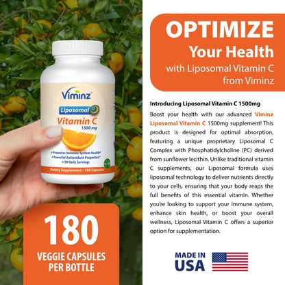 Viminz Liposomal Vitamin C | 1500 mg Per Serving | Collagen & Immune System Booster | Made in USA | 180 Capsules