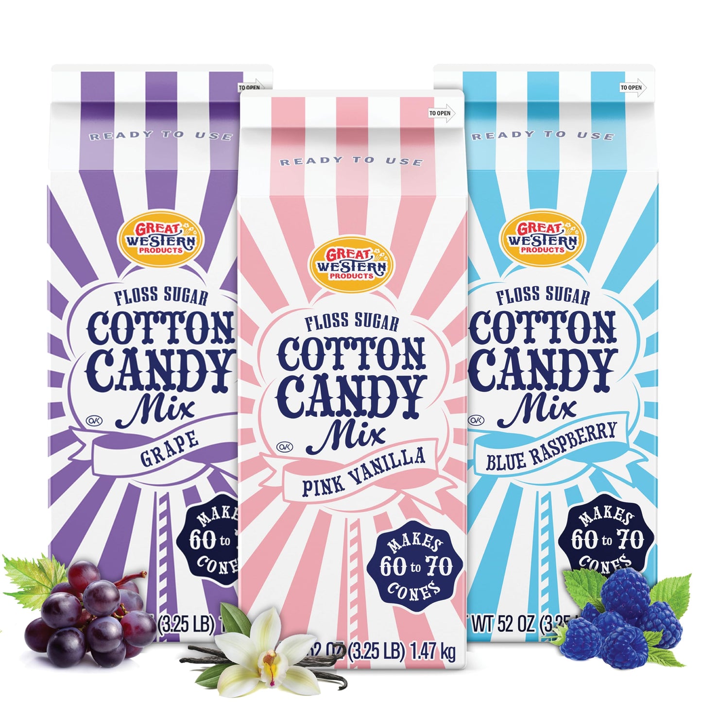 Premium America Variety Pack Blue Raspberry, Pink Vanilla, Grape Cotton Candy Floss Sugar Carnival-Style Fluffy Fun, Pre-Mixed & Ready to Use for Parties, Events & Festivals 3.25 lb Cartons Case of 3