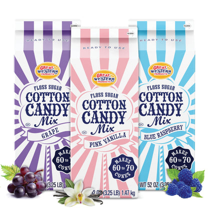 Premium America Variety Pack Blue Raspberry, Pink Vanilla, Grape Cotton Candy Floss Sugar Carnival-Style Fluffy Fun, Pre-Mixed & Ready to Use for Parties, Events & Festivals 3.25 lb Cartons Case of 3