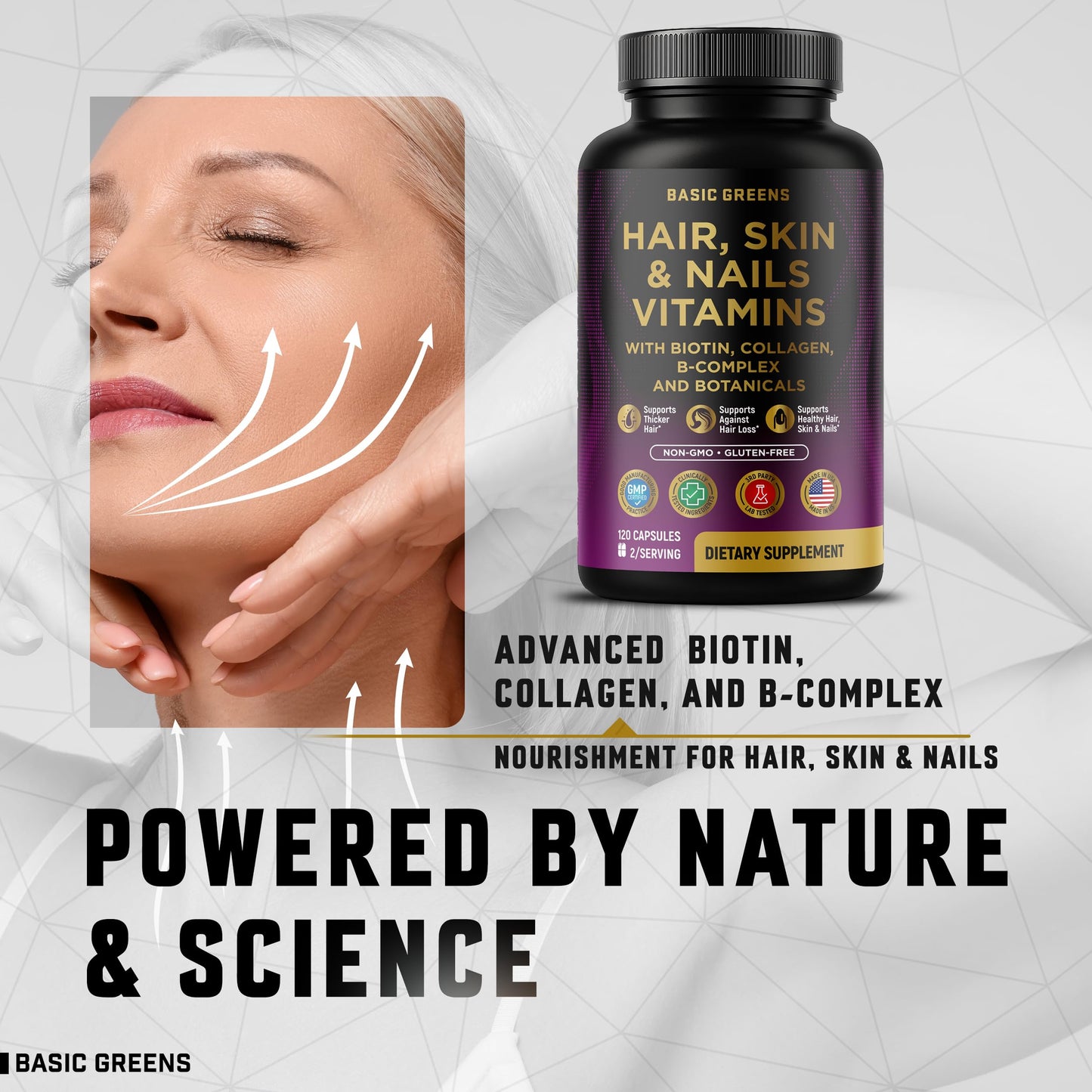 Hair, Skin & Nails Vitamins with Biotin 10000 mcg, Collagen, B-Complex & Botanicals – Supports Healthy Hair, Glowing Skin & Strong Nails – Non-GMO, Gluten-Free – Made in USA – 120 Capsules