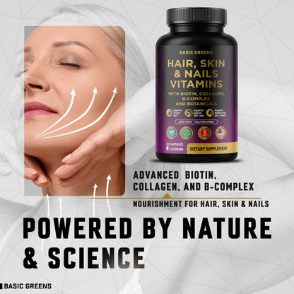 Hair, Skin & Nails Vitamins with Biotin 10000 mcg, Collagen, B-Complex & Botanicals – Supports Healthy Hair, Glowing Skin & Strong Nails – Non-GMO, Gluten-Free – Made in USA – 120 Capsules