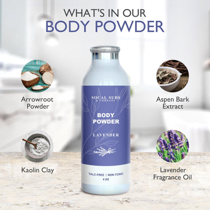 SoCal Suds & Company - Natural Body Powder Talc-Free with Arrowroot Powder, Kaolin, Aspen Bark Extract for Soft Soothing Delicate Skin - Lavender 4oz, 1-Pack
