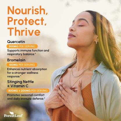 ForestLeaf Quercetin with Bromelain 1350mg - Blend with Vitamin C & Stinging Nettle Supplement, Quercetin 500mg Capsules, Non-GMO Gluten Free, Natural Immune & Respiratory Function, 90 Veggie Caps