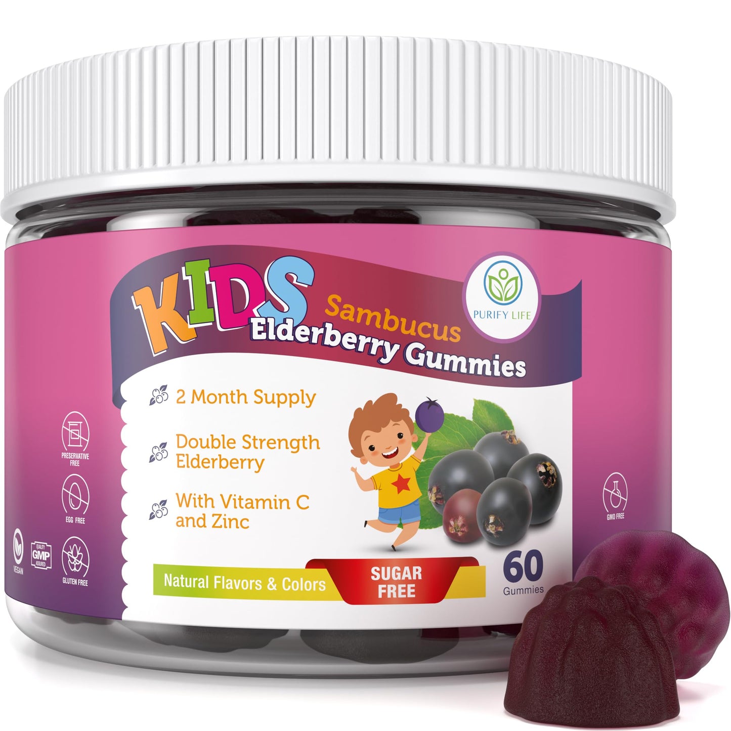 Purify Life Sugar-Free Kids Elderberry Gummies with Vitamin C & Zinc – Daily Immune Support Supplement for Children, Sambucus Antioxidant, Vegan, 60 Ct