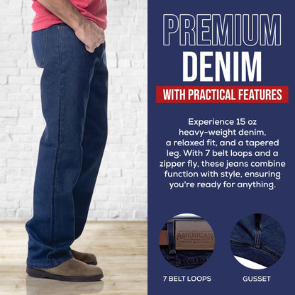 All American Clothing Men's Original Gusseted Jeans – Premium 15 oz. Denim, Made in USA, Comfortable Relaxed Fit, Durable Workwear – Reliable, Sturdy, Lifetime Jeans