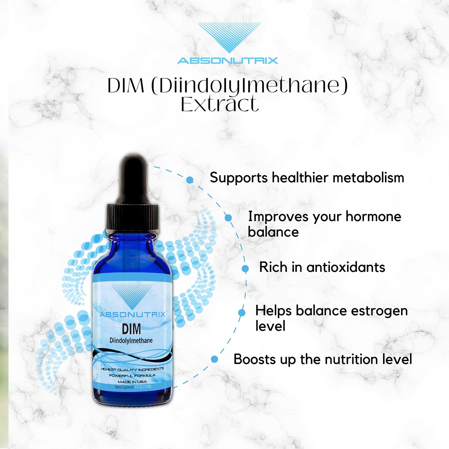 Absonutrix DIM (Diindolylmethane) Extract 593 mg, 4 Oz Bottle, 200 Potent Servings, Third-Party Tested Drops, Quick Absorption, Gluten-Free, Third-Party Tested, GMP-Certified, Non-GMO, Made in USA